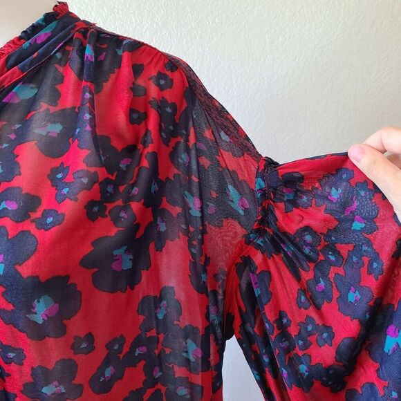 Free People Love Letter Tunic Mini Dress XS Sheer Balloon Sleeves Lace Boho Red - Picture 6 of 11